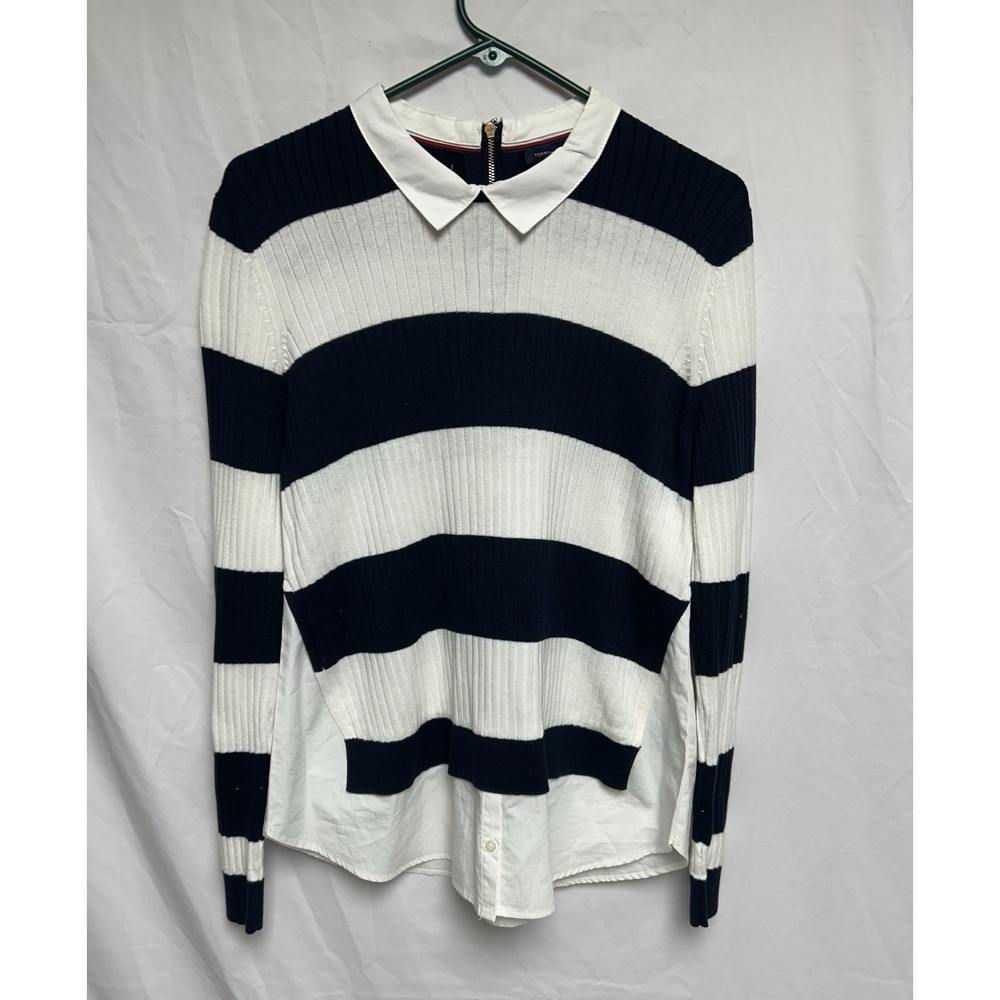 Tommy Hilfiger Sweater Layer Collar Hem Blue White Stripe Dark Academia Womens L